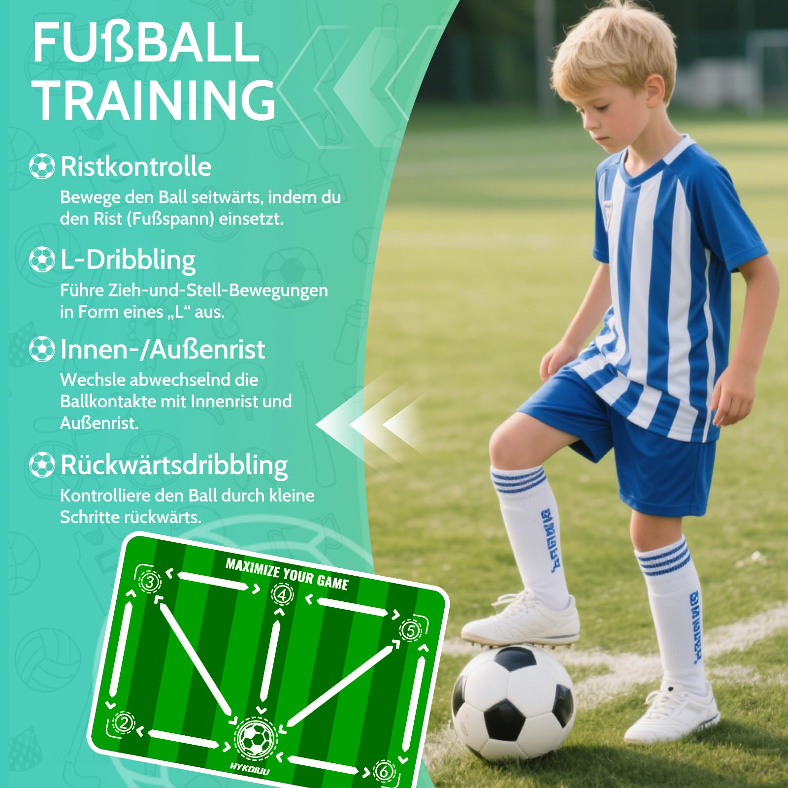 Fussball Matte Mit Fussballtrainer 90x60cm Rutschfest Silent Fussballmatte Training Kinder – Trainingsmatte Für Ballkontrolle & Schritt-übungen Stoßdämpfende Fußball Trainingsmatte Trainingszubehör