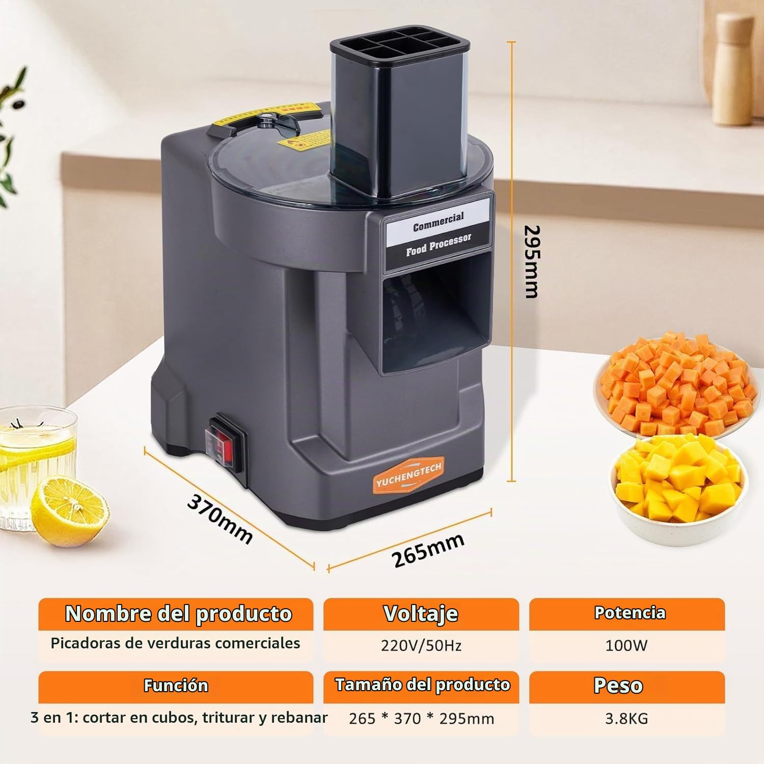 YUCHENGTECH Comercial Cortadora de Verduras con 3 Cuchillas 100W | Cortador Verduras en Dados Electrico Profesional para Cortar en Dados en Rodajas y en Tiras Verduras