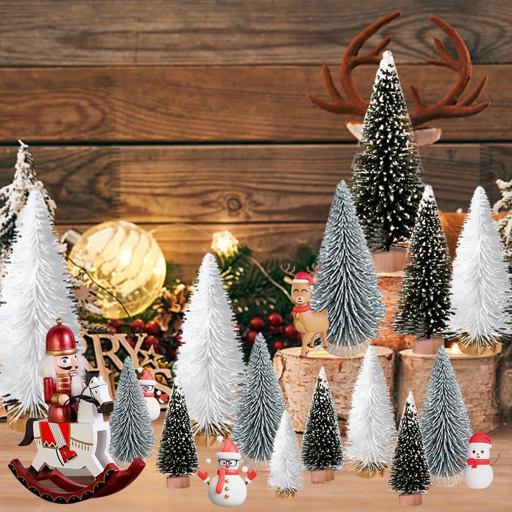 Yahpetes Artificial Mini Christmas Trees, 30 Pcs Sisal Snow Pines in 5 Sizes, Crafting Displaying Decoration, Tabletop Xmas Tree for Home, Party (Silver/White/Green)