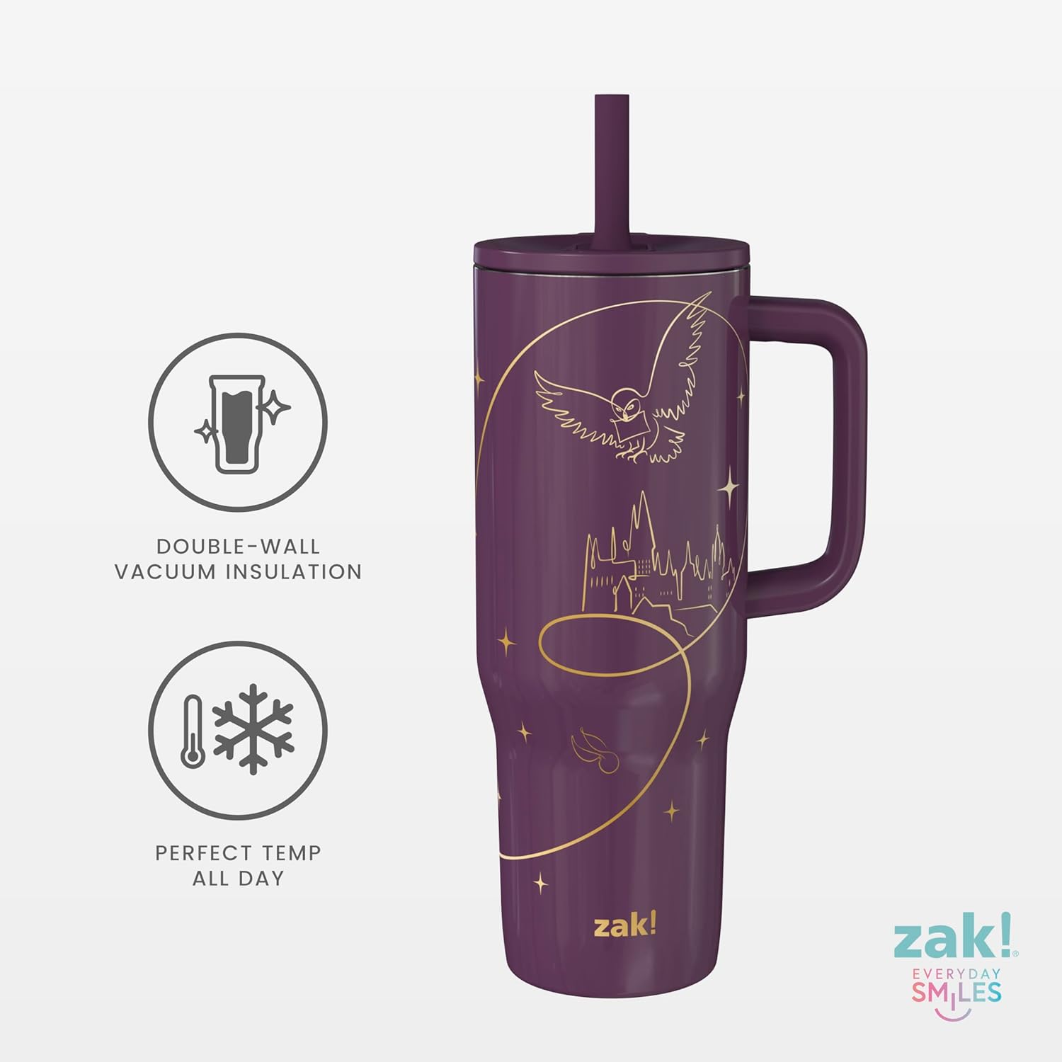 Zak Designs Harry Potter Sutton Travel Tumbler for On the Go, 30oz Stainless Steel with Vacuum Insulation, Silicone Straw, and Carry Handle for Cold Drinks (Hogwarts) - Image 3