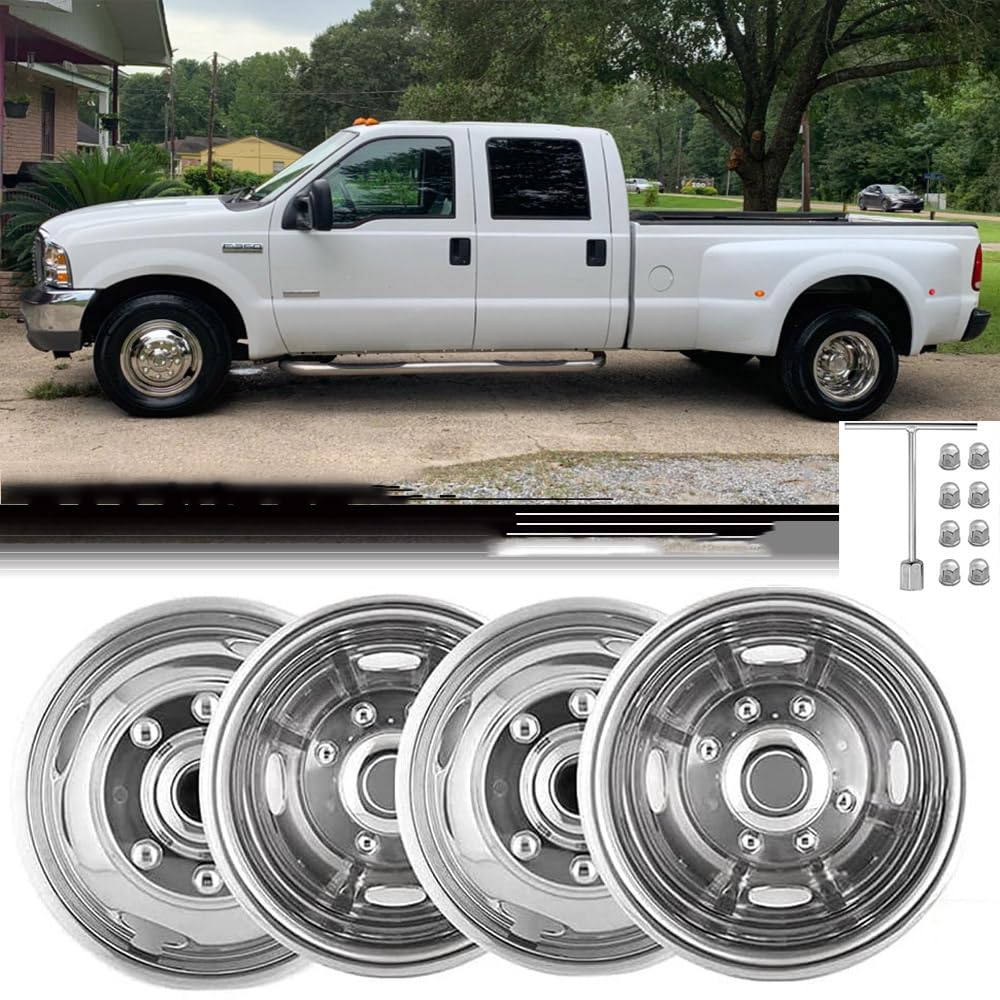 BOOGADEE Set of 2 Rear & 2 Front 17inch Polished Stainless Steel Dually Wheel Simulators, Bolt On Wheel Covers, 8 Lug Hubcaps Fit for 2005-2025 Ford F-350 Super Duty 2WD/4WD C17A8