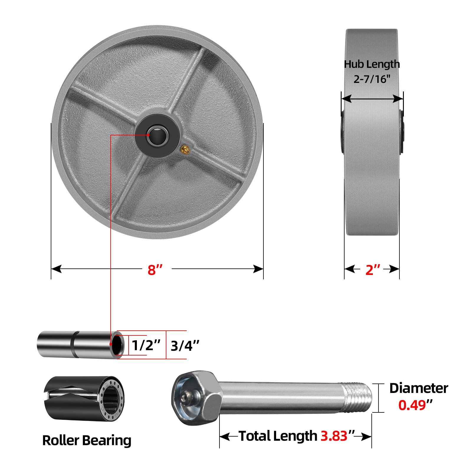 HANDSAMMU 8 Inch Replacement Caster Wheels, Steel Cast Iron Wheel, Heavy Duty -1300 lbs Capacity per Wheel, 1/2