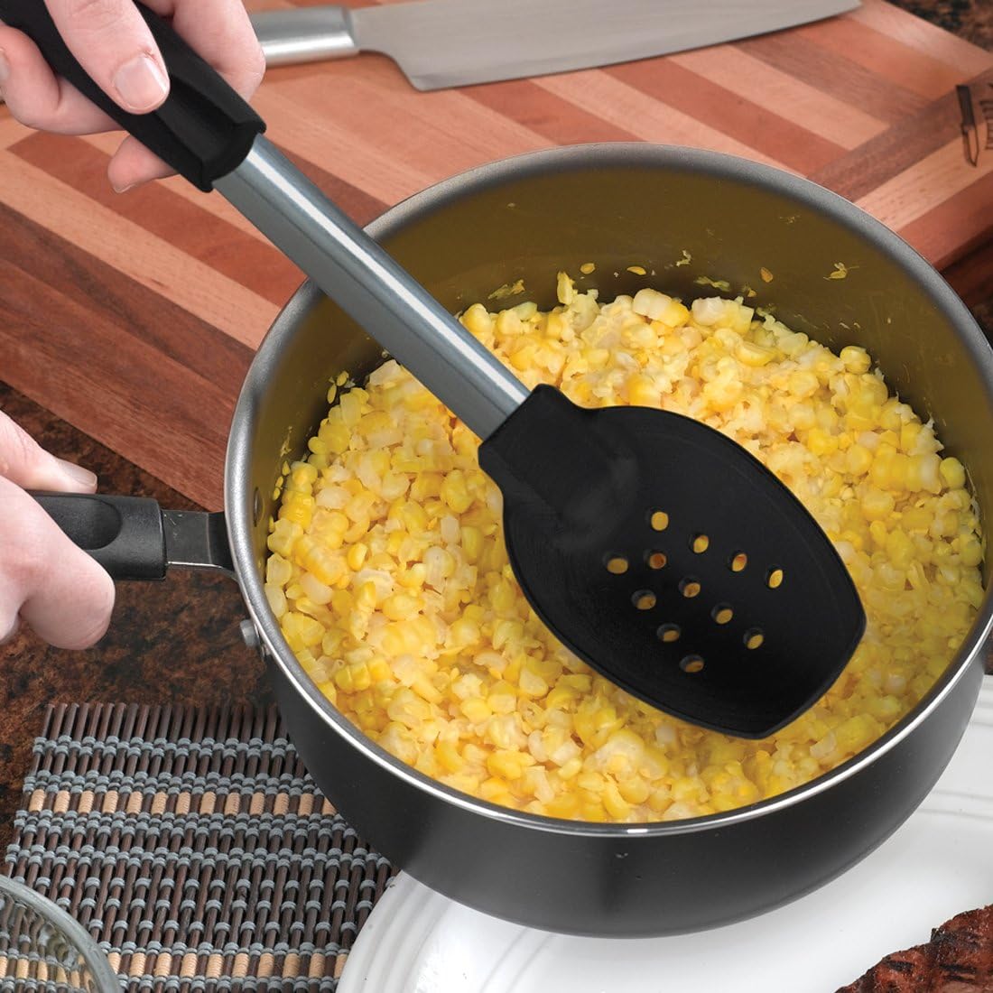 Rada Cutlery Non-Scratch Slotted Spoon – Heat Resistant Material and Stainless Steel Stem Made in USA