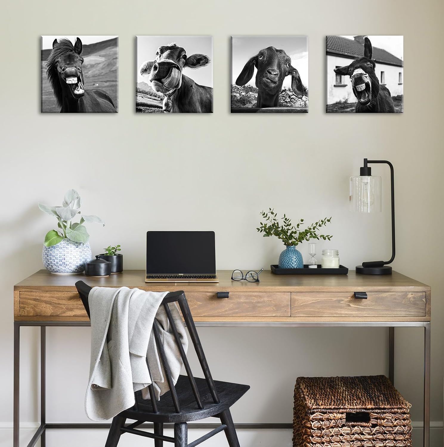 Funny Bathroom Wall Art，4 pcs Black and White Animal Canvas Print Poster image 4