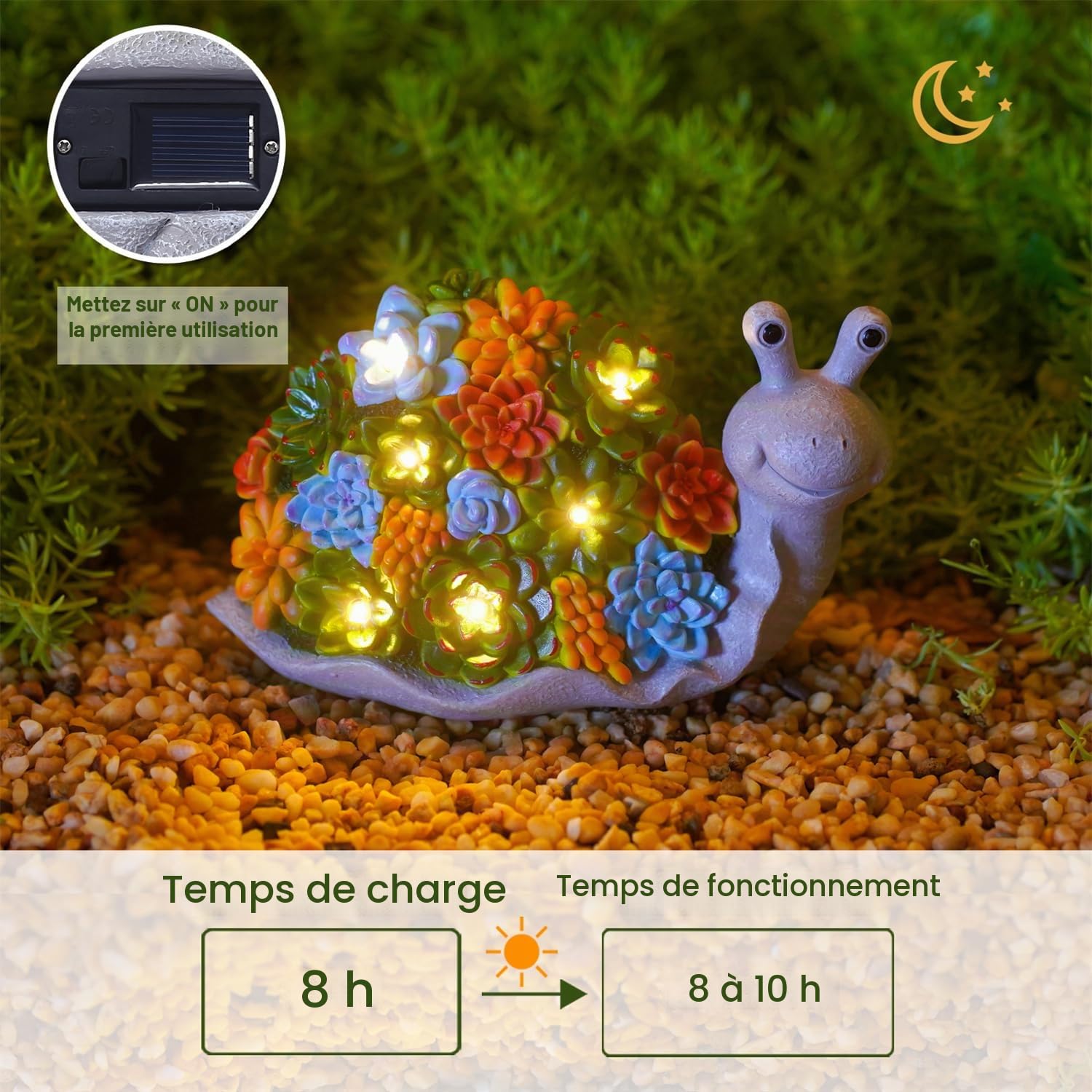Yeomoo Escargots Solaire Figurine avec Succulentes LED Décoration Jardin