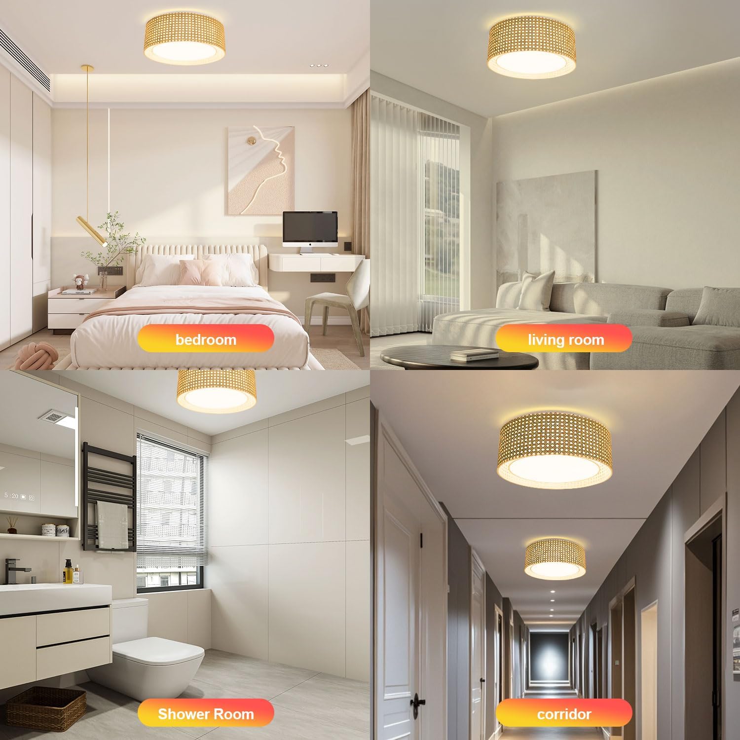 Drum Ceiling Light, 15.7" Flush Mount Boho Light Fixtures with Rattan & Fabric Double Shade, 3-Light Close to Ceiling Lamps for Bedroom Living Room Dining Room Hallway Entryway, Khaki