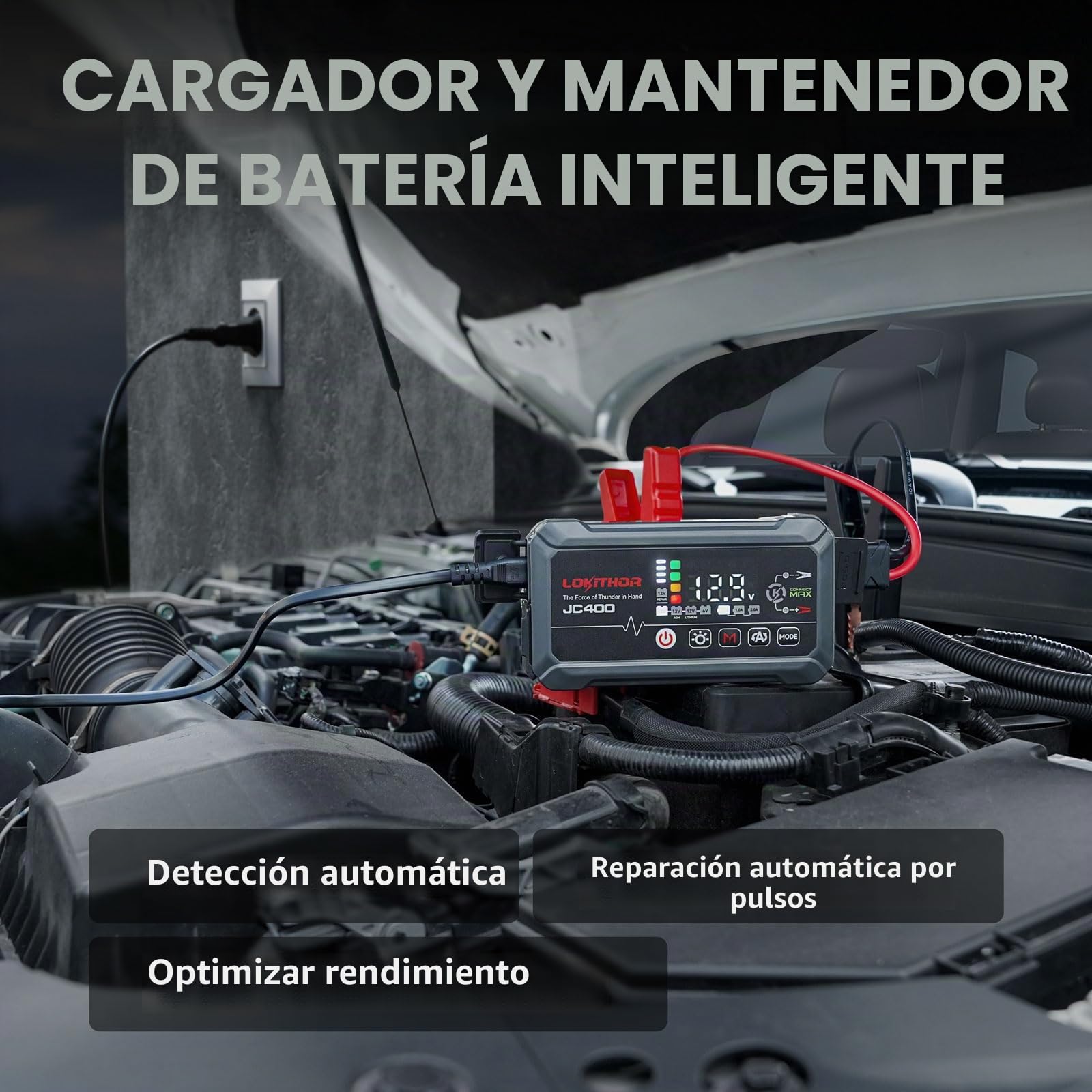 LOKITHOR JC400 Cargador de Baterias 6V/12V Coche y Moto, Arrancador de Baterías de Coches y Moto Portatil, Mantenedor Inteligente y Desulfatador, Booster Jump Starter Portátil para Autos y Vehículos