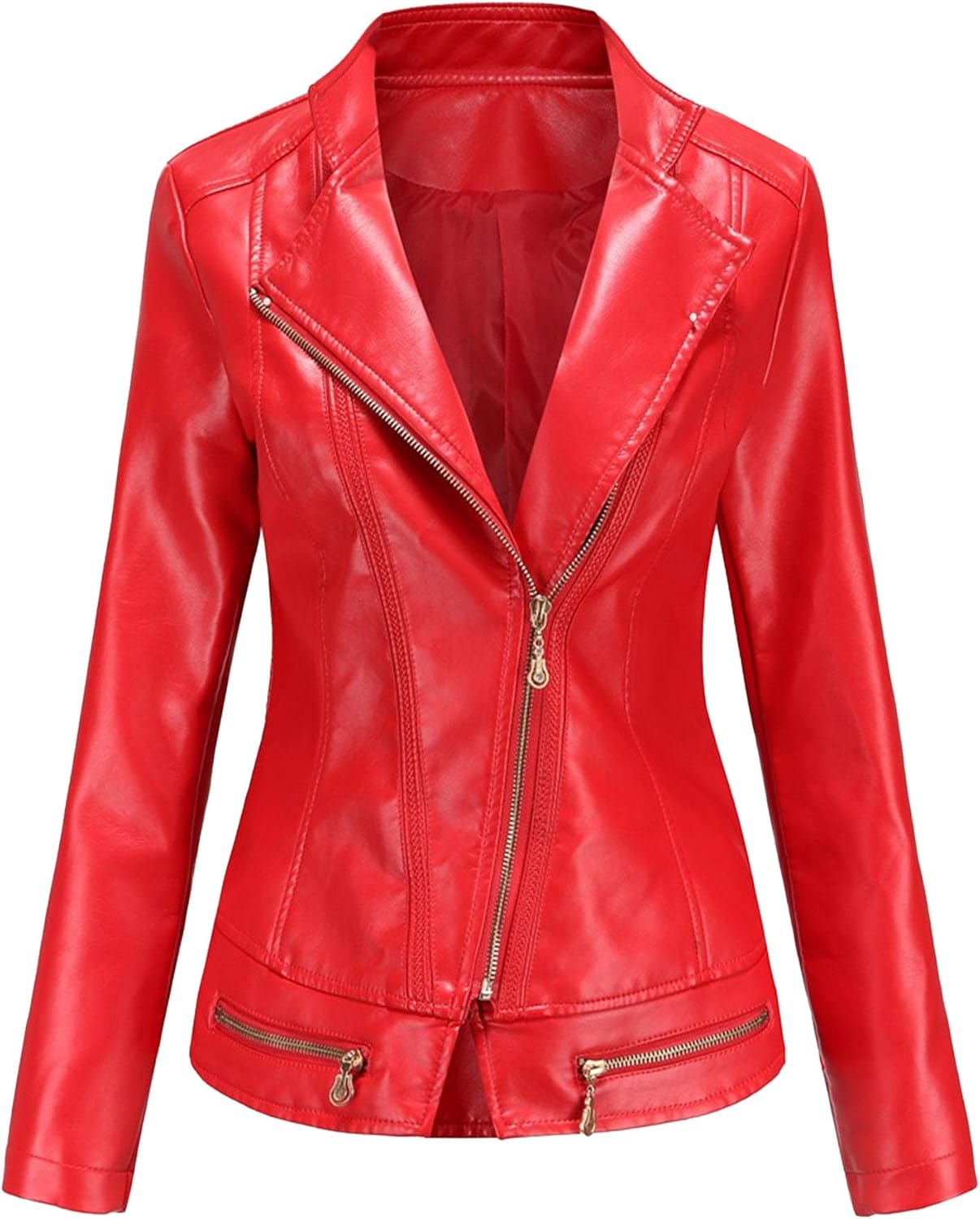 Women's Zip Up Slim Fit Comfort Coat Faux PU Lightweight Biker Coat Jacket Fashion Casual Spring Fall Coats