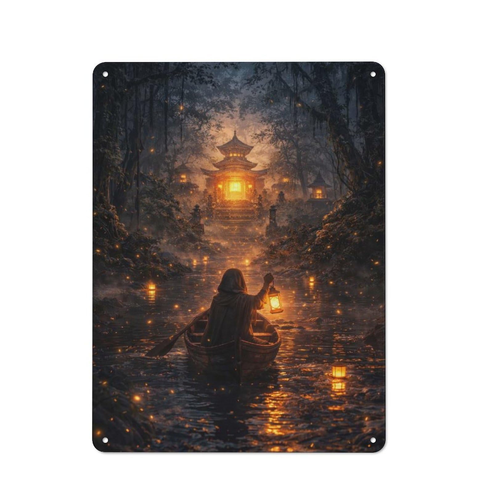 Junmoney Style-4 Mysterious Boat Journey To Temple Rustic Metal Sign 40X30cm For Pub Or Café, For Collectors Of Rustic Metal Wall Decor