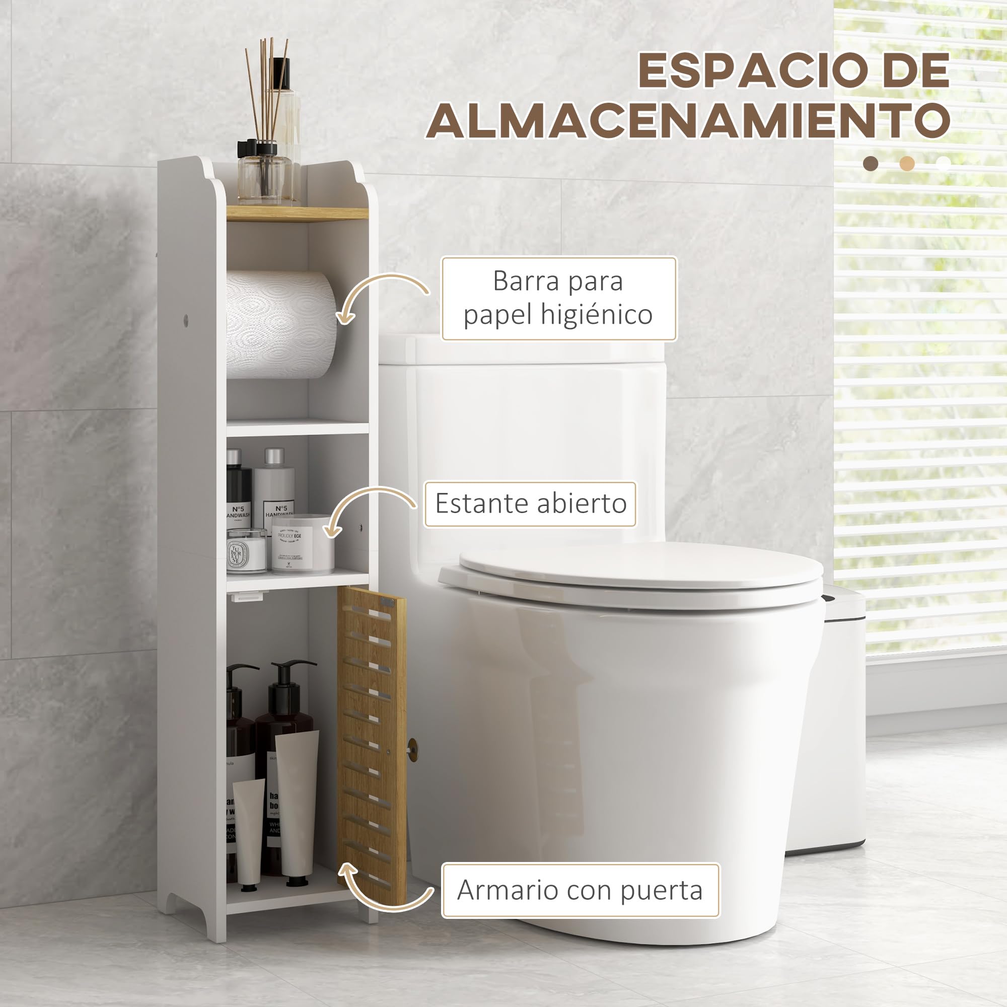 kleankin Armario de Baño Moderno con 1 Puerta 18x20x90 cm Blanco y Roble | Columna Auxiliar de Baño, con Estantes, Portarrollos de Papel, para Dormitorio Sala