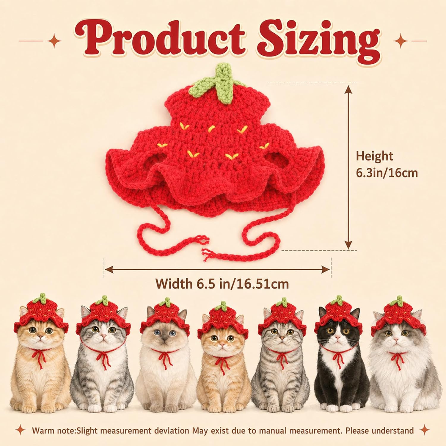Strawberry Cat Hats Crochet Cotton Soft Cute Hats for Cats (Red M) image 4