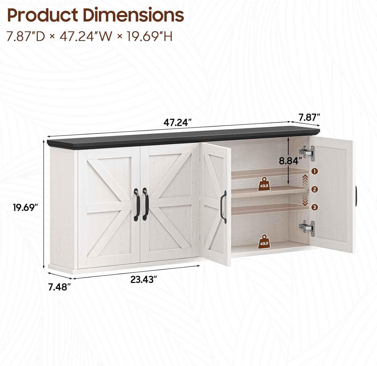 Halitaa 47" Laundry Room Cabinets and Storage with 4 Doors and Utility Adjustable Shelf, Large Wall Mounted Storage Cabinet, Upper Kitchen Cabinet for Laundry, Bathroom, and Kitchen, White and Black