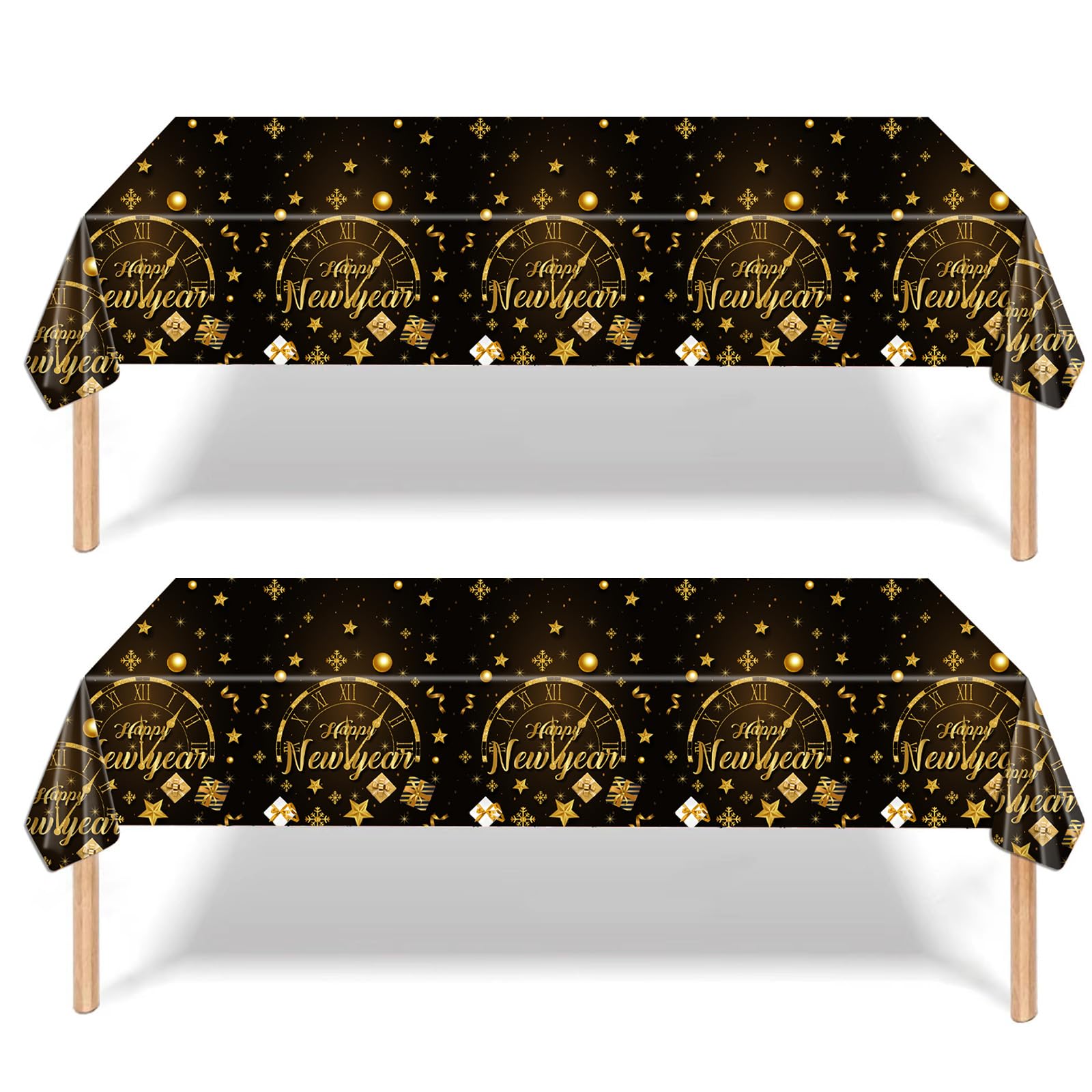 2Pcs Happy Newyears Eve Party Tablecloth Decorations Tablecover,137*274cm BlackGold Clock Disposable Party Table Cloth Party Table Covers,Dining Tablecover for Winter Holiday Newyears Party Decor