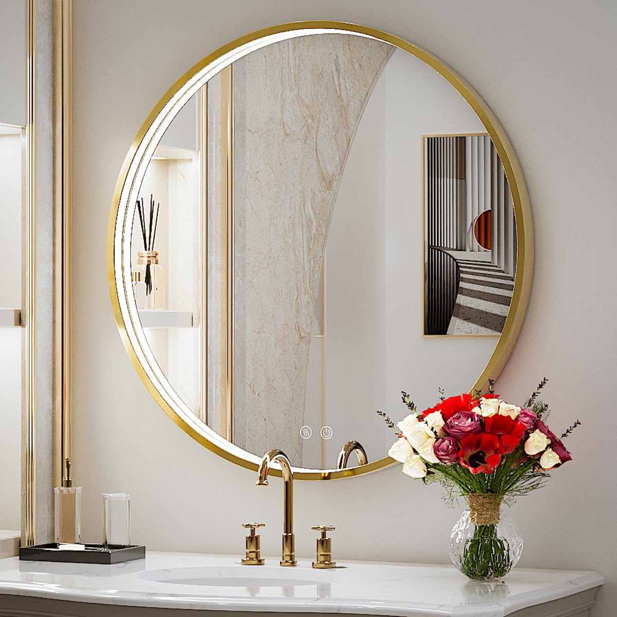 FTOTI 24 Inch LED Gold Frame Round Mirror for Bathroom,Round Vanity Mirror with Light, Wall Mounted,6000K, Anti-Fog & Dimmable