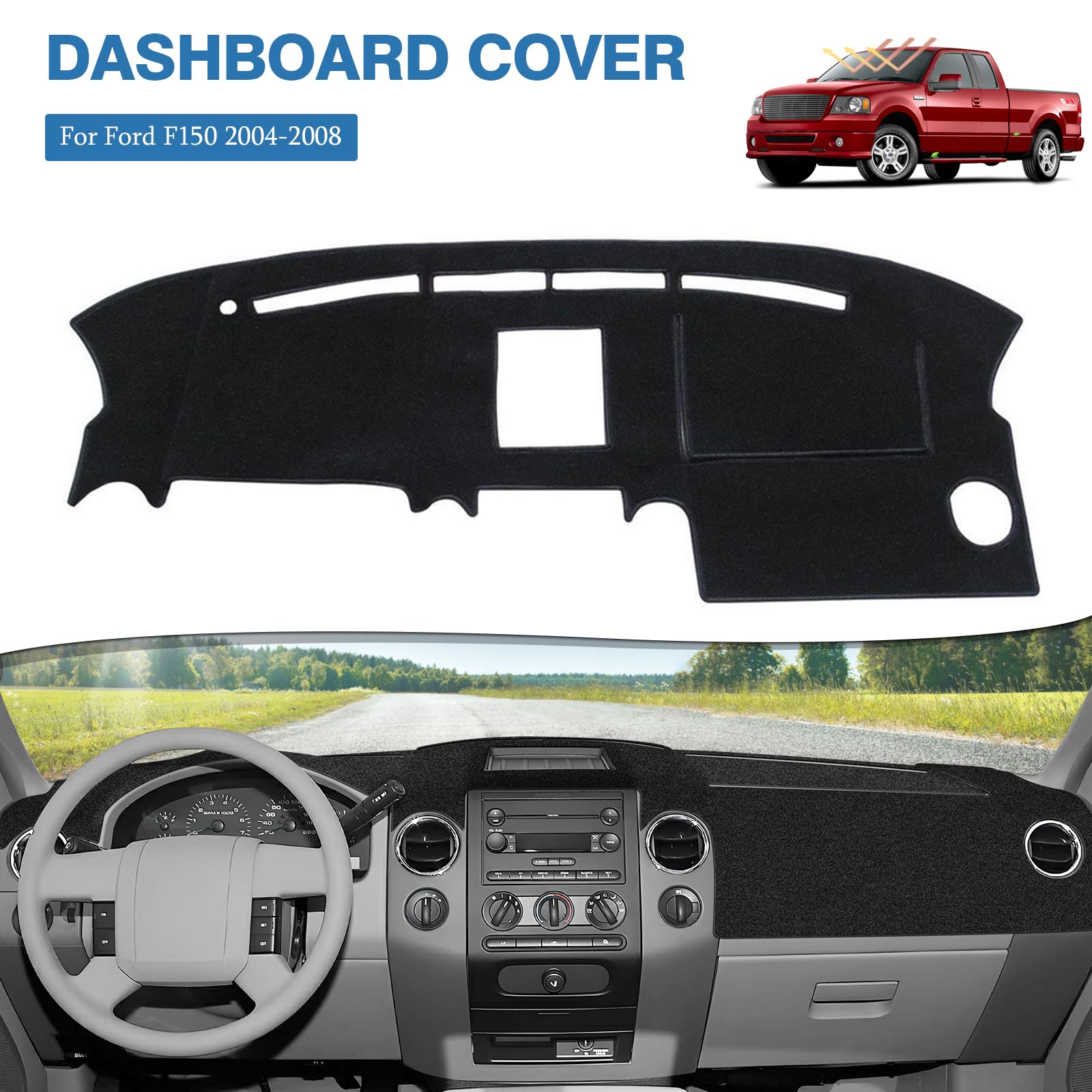 FIILINES Armaturenbrett-Abdeckung für Ford F-150 2004 2005 2006 2007 2008 F150 Zubehör Wildleder Armaturenbrett Abdeckung Matte Sonnenschutz Anti-Rutsch-Pad Teppichschutz