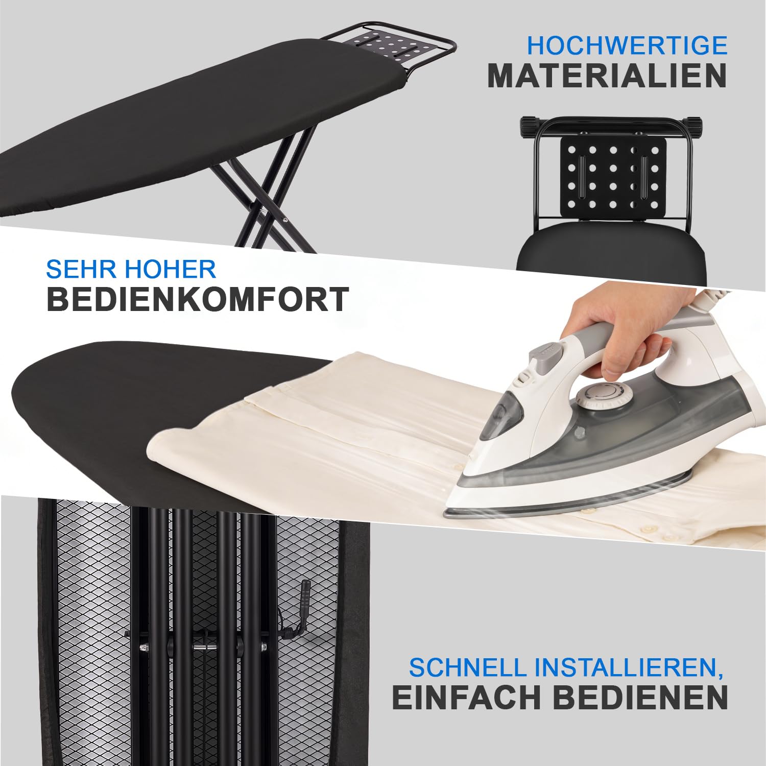 Klappbares Bügelbrett, Ironing Board,Robustes Dampfbügelbrett mit Bügeleisenablage,mit rutschfesten Füßen, stabiles Gestell,Tischbügelbrett mit Verstellbarer Höhe, Ironing area120x38cm