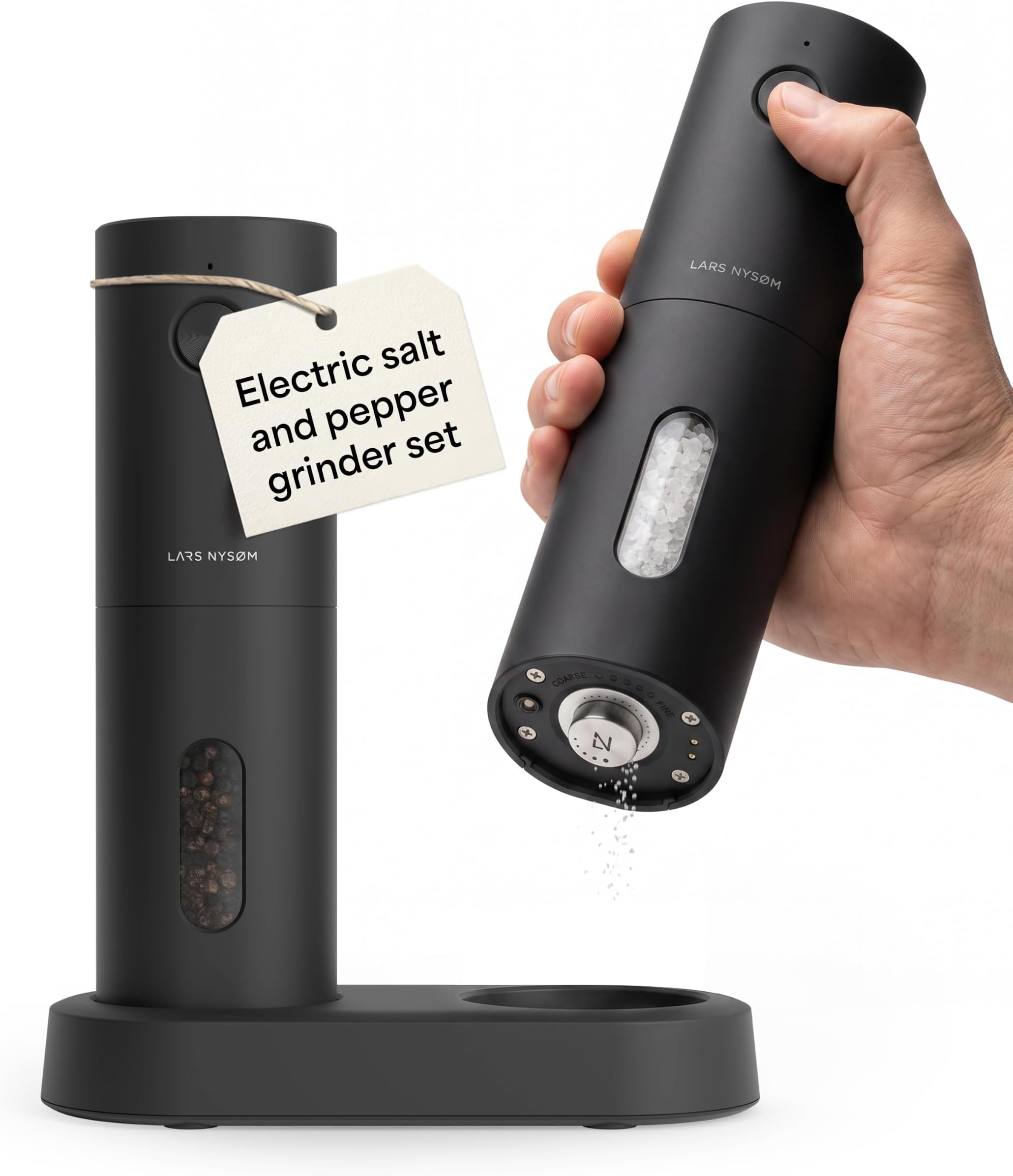 LARS NYSØM Salt and Pepper Mill Electric Set of 2 with Adjustable Ceramic Grinder from Coarse to Fine I Design Spice Mill Set Automatic (2 Pieces, Onyx Black)