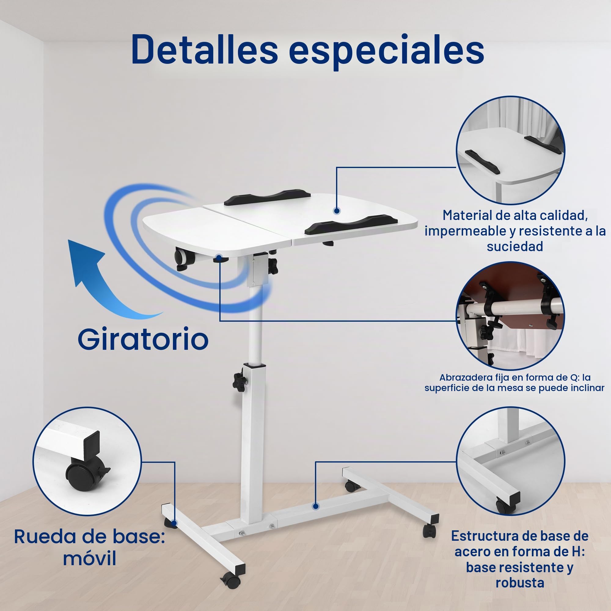 Mesa auxiliar móvil, mesa auxiliar de cuidado ajustable para cama con 4 ruedas, 60 x 40 cm, mesa giratoria para salón, dormitorio, oficina, cama, sofá, máx. 20 kg, color blanco