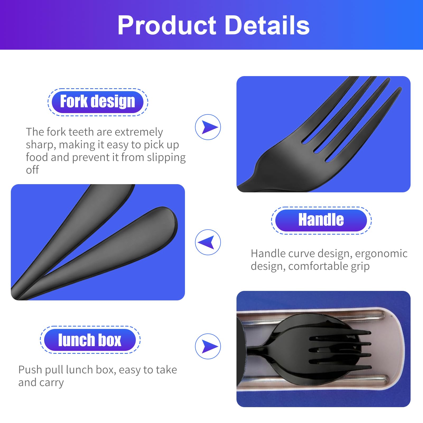 Cubiertos para Llevar 4 Piezas de Acero Inoxidable con Estuche, Set Cubiertos Camping con Cuchillo Tenedor y Cuchara, Porta Cubiertos para Llevar al Trabajo — view 4