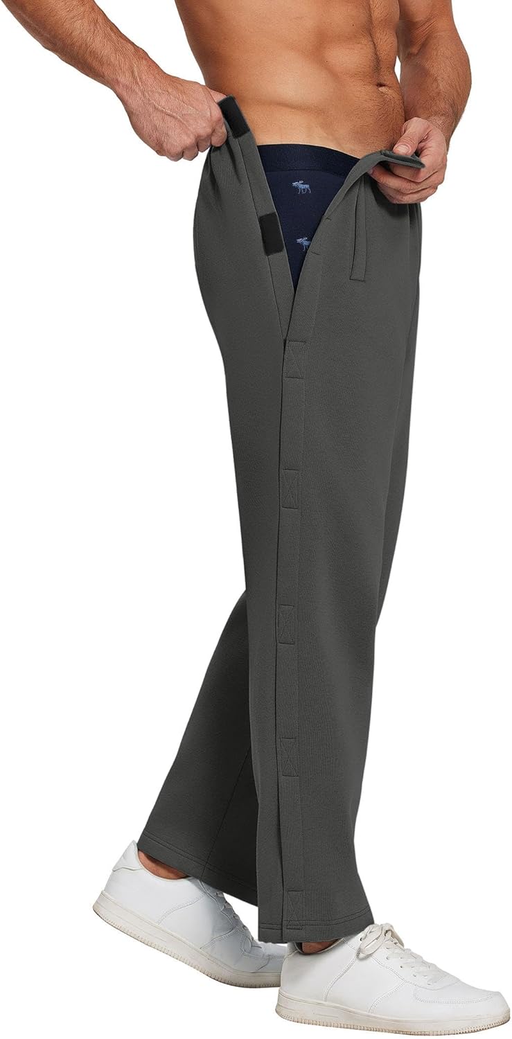 Deyeek Mens Fleece Tear Away Pants Loose Fit Post Knee Replacement Surgery Pants Breakaway Sweatpants Side Snap with Pockets - Image 2