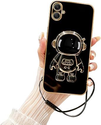 for Galaxy A05 Case with 6D Plating Astronaut Hidden Stand and Lanyard Strap Soft TPU Shockproof Protective Cover for Samsung A05 Phone Case, Black