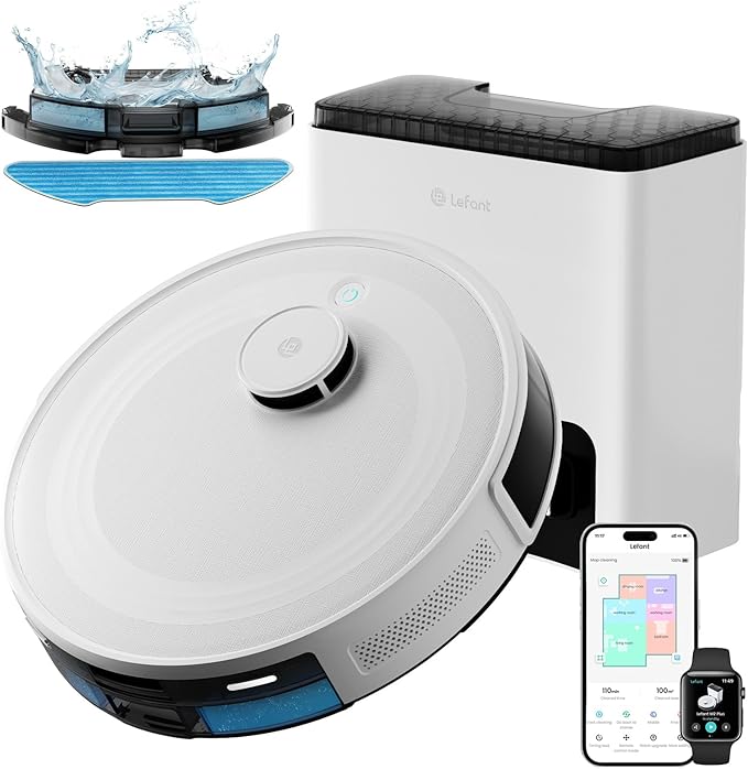 LEFANT M2 Plus Robot Aspirador y Fregasuelos, 6000Pa con Estación de Vaciado Automático, Navegación Láser con Mapeo, Evitación de Obstáculos PSD, 140min Autonomía, Ideal para Pelos de Mascotas