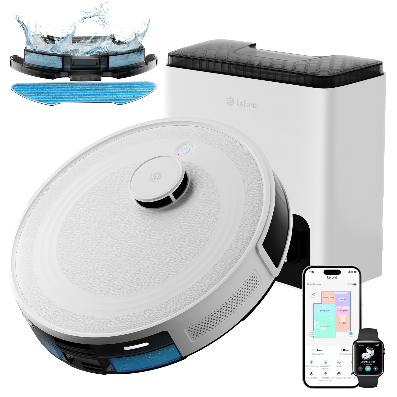 LEFANT M2 Plus Robot Aspirador y Fregasuelos, 6000Pa con Estación de Vaciado Automático, Navegación Láser con Mapeo, Evitación de Obstáculos PSD, 140min Autonomía, Ideal para Pelos de Mascotas