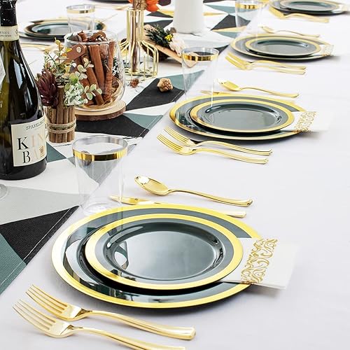 Miniatura 7 de Nervure 102 platos de plástico verde  Los platos desechables de fiesta verde esmeralda incluyen 51 platos llanos de 10.25 pulgadas y 51 platos de