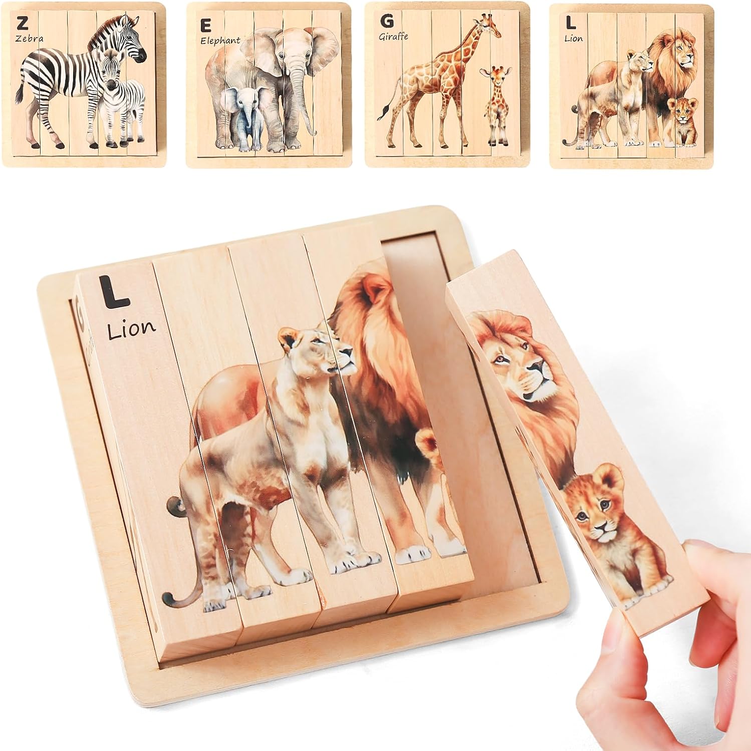 Wooden Safari Animals Learning Puzzle Set, 4-in-1 Block Puzzles for Toddlers 18 Months+, Educational Montessori Toys with Storage Tray