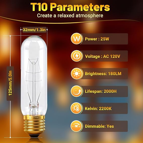 T10 Tubular Light Bulbs 25 Watt Incandescent Light Bulb,T10 Bulb,120V 25W 2200K Tube Light Bulbs E26 Medium Base Dimmable for Vintage Style Showcase,Curio Cabinet,Chandeliers Pack of 2