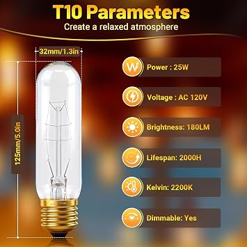 T10 Tubular Light Bulbs 25 Watt Incandescent Light Bulb,T10 Bulb,120V 25W 2200K Tube Light Bulbs E26 Medium Base Dimmable for Vintage Style Showcase,Curio Cabinet,Chandeliers Pack of 2