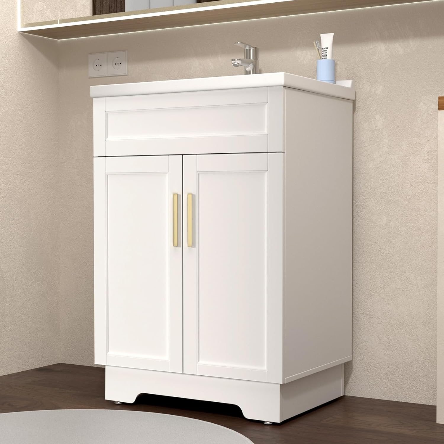 Ymise Bathroom Vanity with Sink, 24-Inch Bathroom Vanities Cabinet with Large Storage Space, Wooden Bathroom Sink Cabinet, White