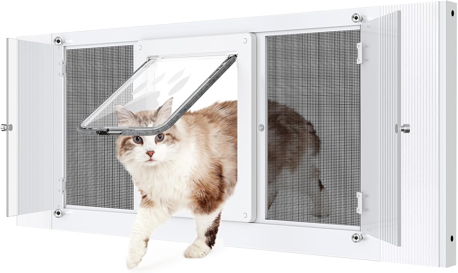 2-in-1 Cat Door for Window with Acrylic Panel, Rainproof & Ventilation Dual Modes, Adjustable Width of 32"-36" for Sliding Windows, Weather Resistant Window Cat Door Insert