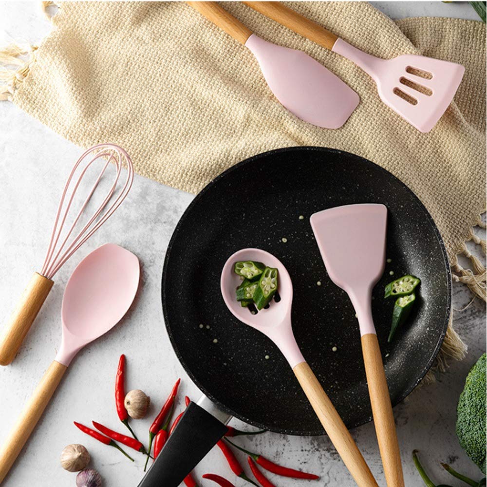 Juego de espátula de Silicona, Utensilios de Cocina, sartén Antiadherente, espátula de Cocina con Fugas Especiales, Mango de Madera Resistente a Altas temperaturas, Cubo de Almacenamiento