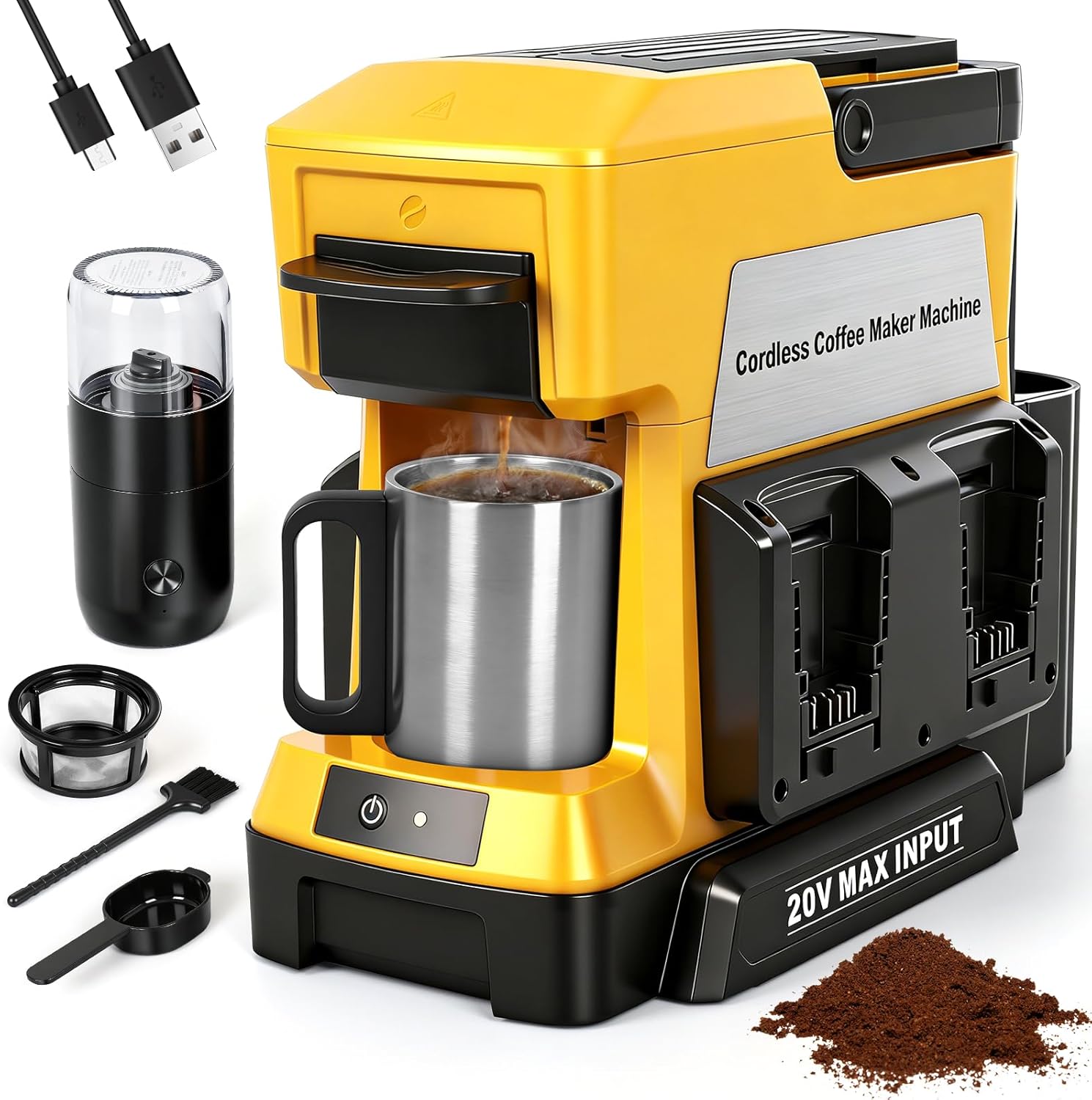 Cordless Coffee Maker for Dewalt 20V Max Battery (No Battery), Portable Drip Coffee Machine with Electric Coffee Grinder and Coffee Cup, for RV, Camping, Travel