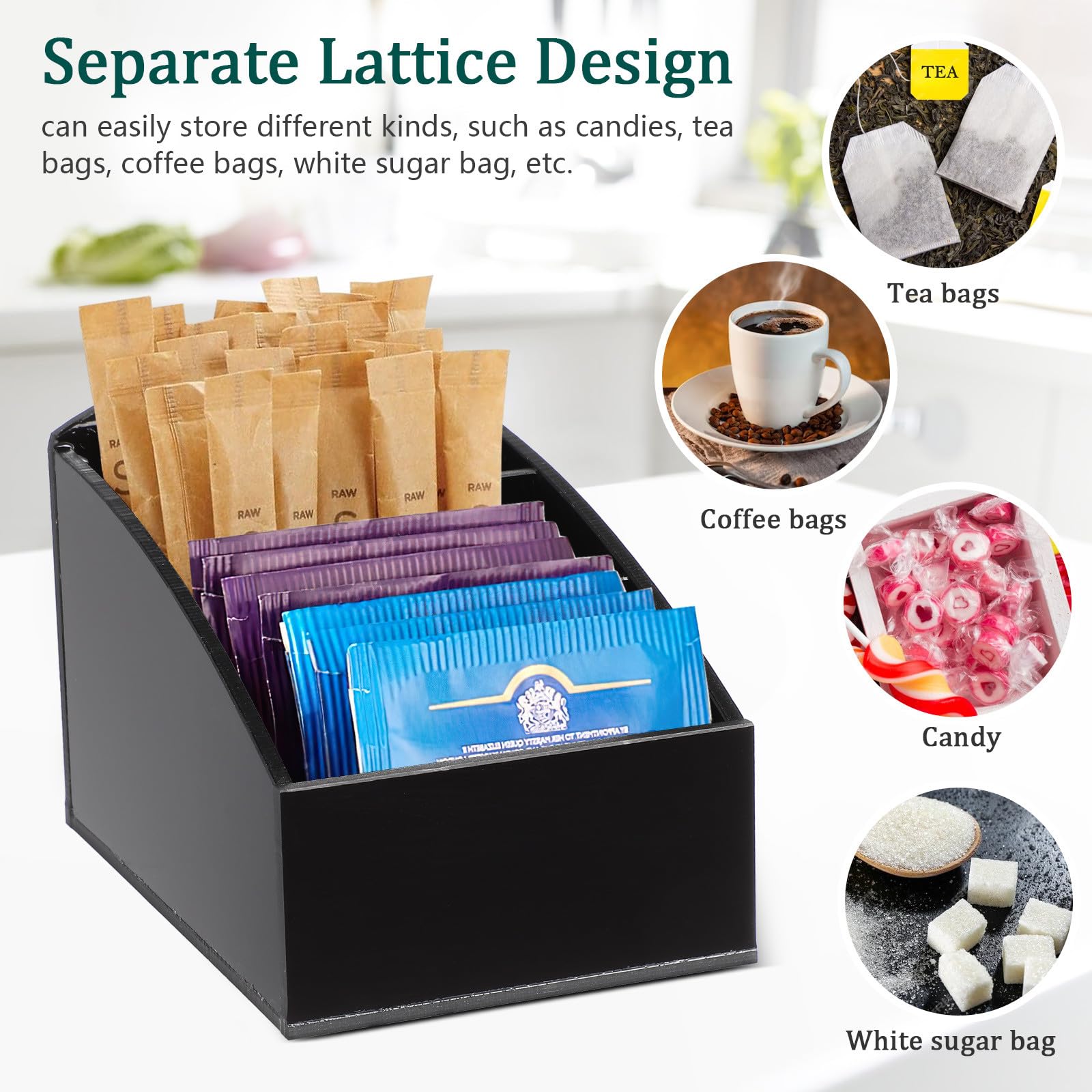 Generico Porta Bustine Design a Scomparti Separati in Acrilico Nero Zucchero Organizer per Cialde Caffe e Bustine Tè per Casa