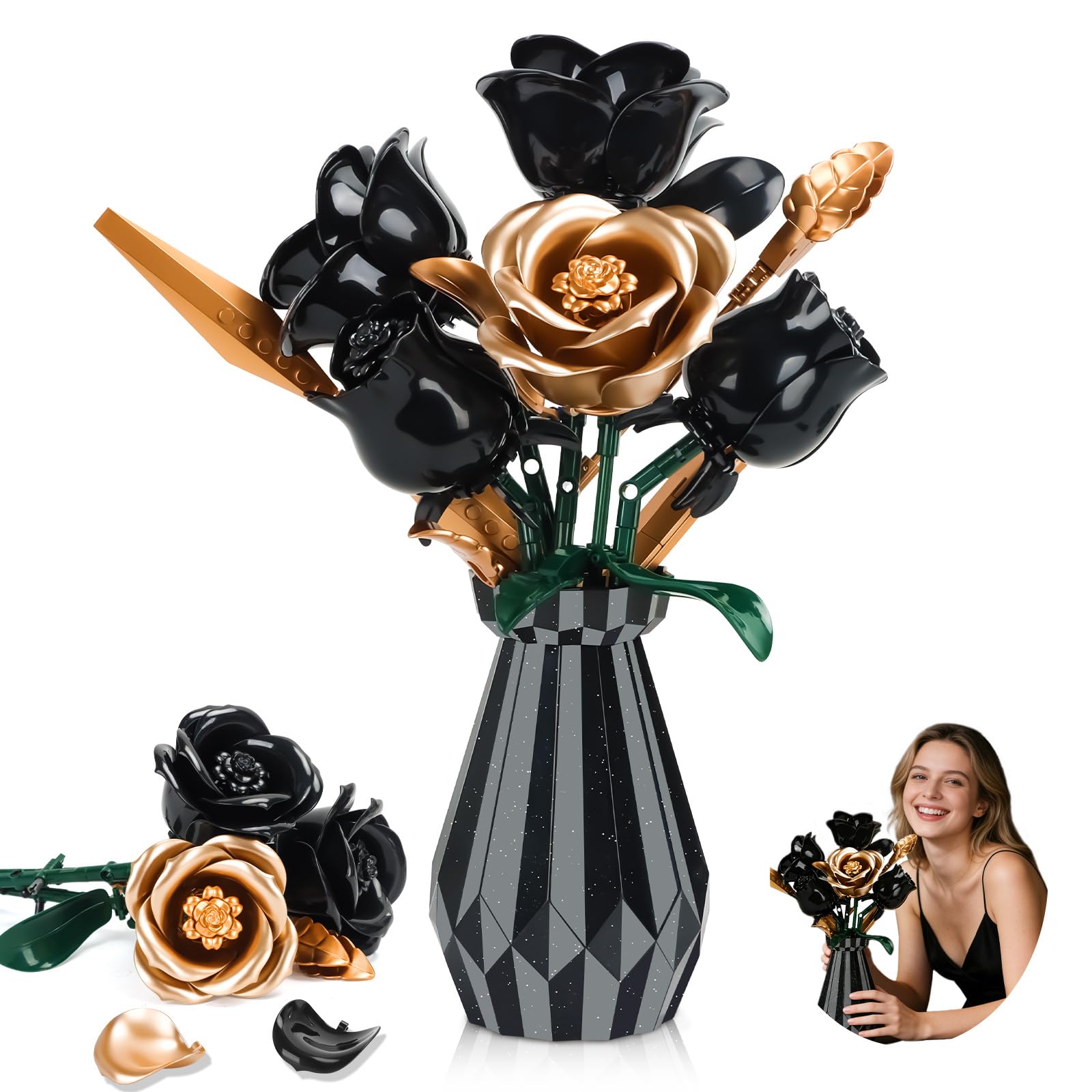 Black Roses Flower Bouquet Building Set with Vase, 255 Pcs Botanical Collection with Rose Gold Accent Artificial Floral Centerpiece Gothic Home Decor Gift for Adults