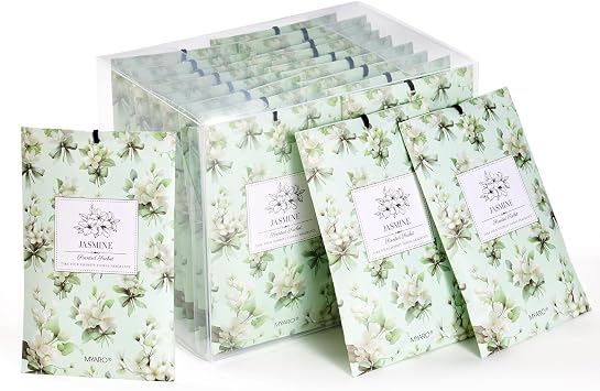 MYARO 20 Pack Jasmine Scented Sachets - Fresh Drawer & Closet Air Freshener Bags, Odor Eliminator for Bathroom, Lingerie Drawers, Car & Travel