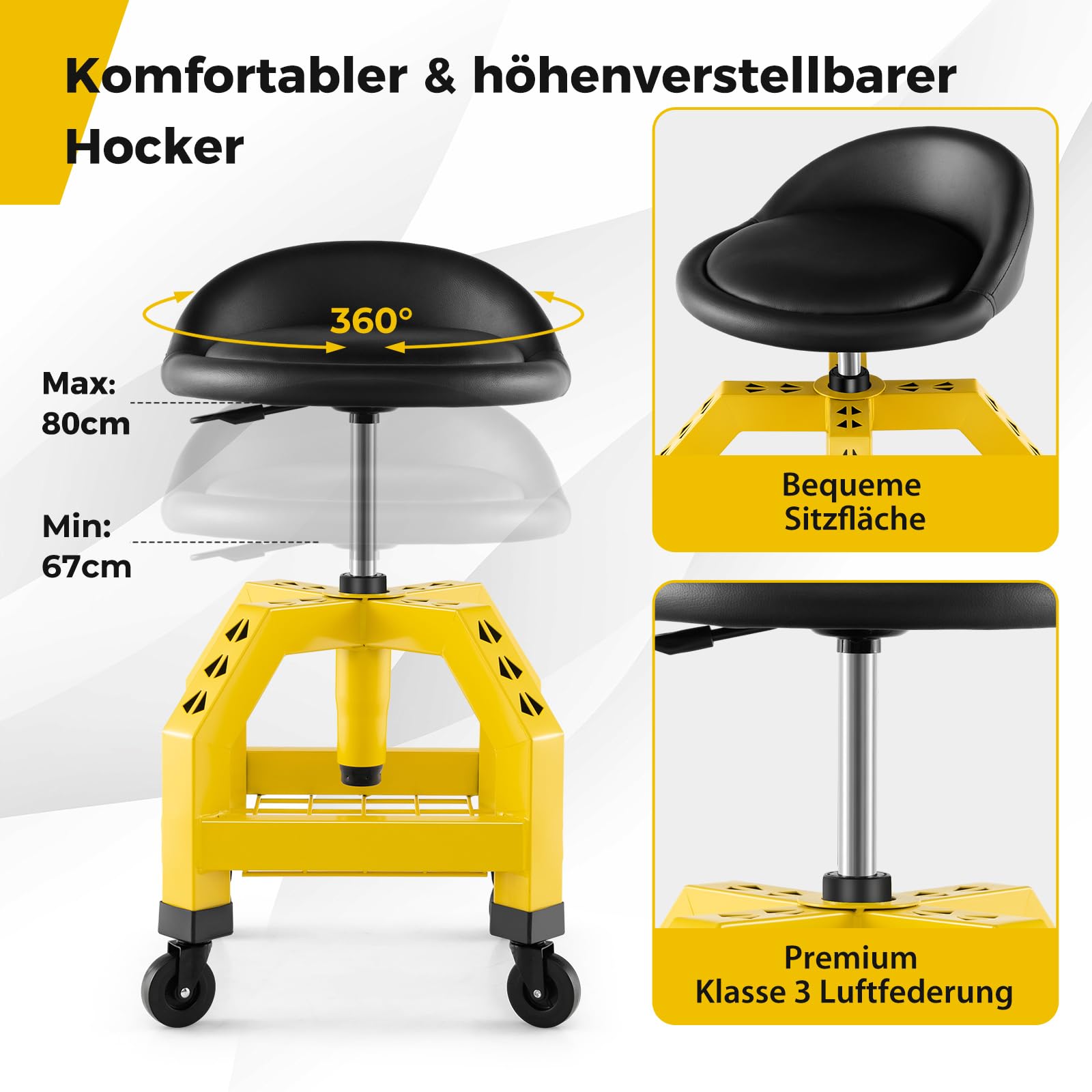 COSTWAY Werkstatthocker Höhenverstellbar, Werkstatt Rollhocker 150 kg Tragkraft mit Werkzeugablage, Werkstattstuhl Rollsitz für Fabrik, Garage, Werkstatt (Gelb)