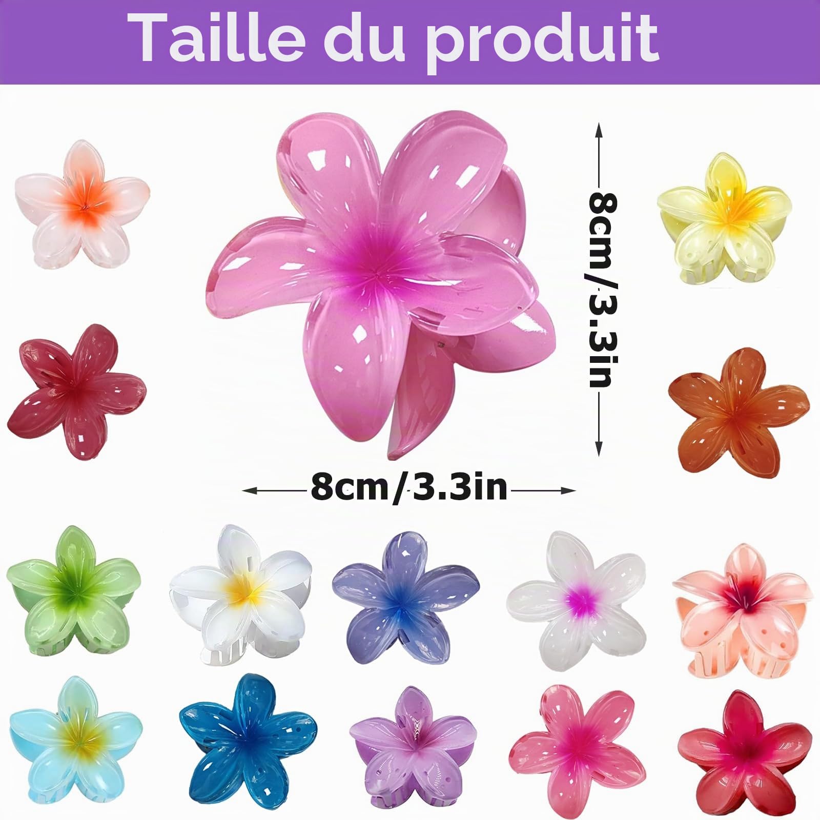 Barrettes à Fleurs pour Femme, 15 Pièces avec Grandes Fleurs Plumeria Hawaï 8cm, Antidérapantes pour Tous Types de Cheveux, Mélange de Couleurs pour Fête, Mariage, Vacances (B)