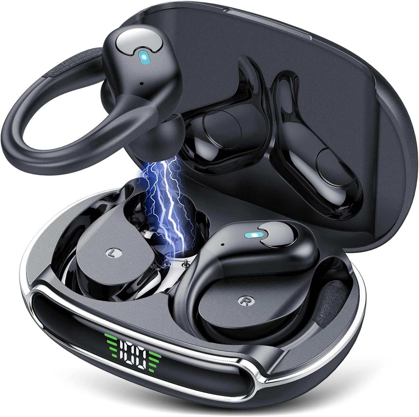 Wireless Earbuds Bluetooth 5.3,Headphones 90Hrs Playtime,IPX7 Waterproof,Power Display,Sport ear buds with Wireless Charging Case,Bass Over Ear Earphones with Mic for running Workout Gym (Black)