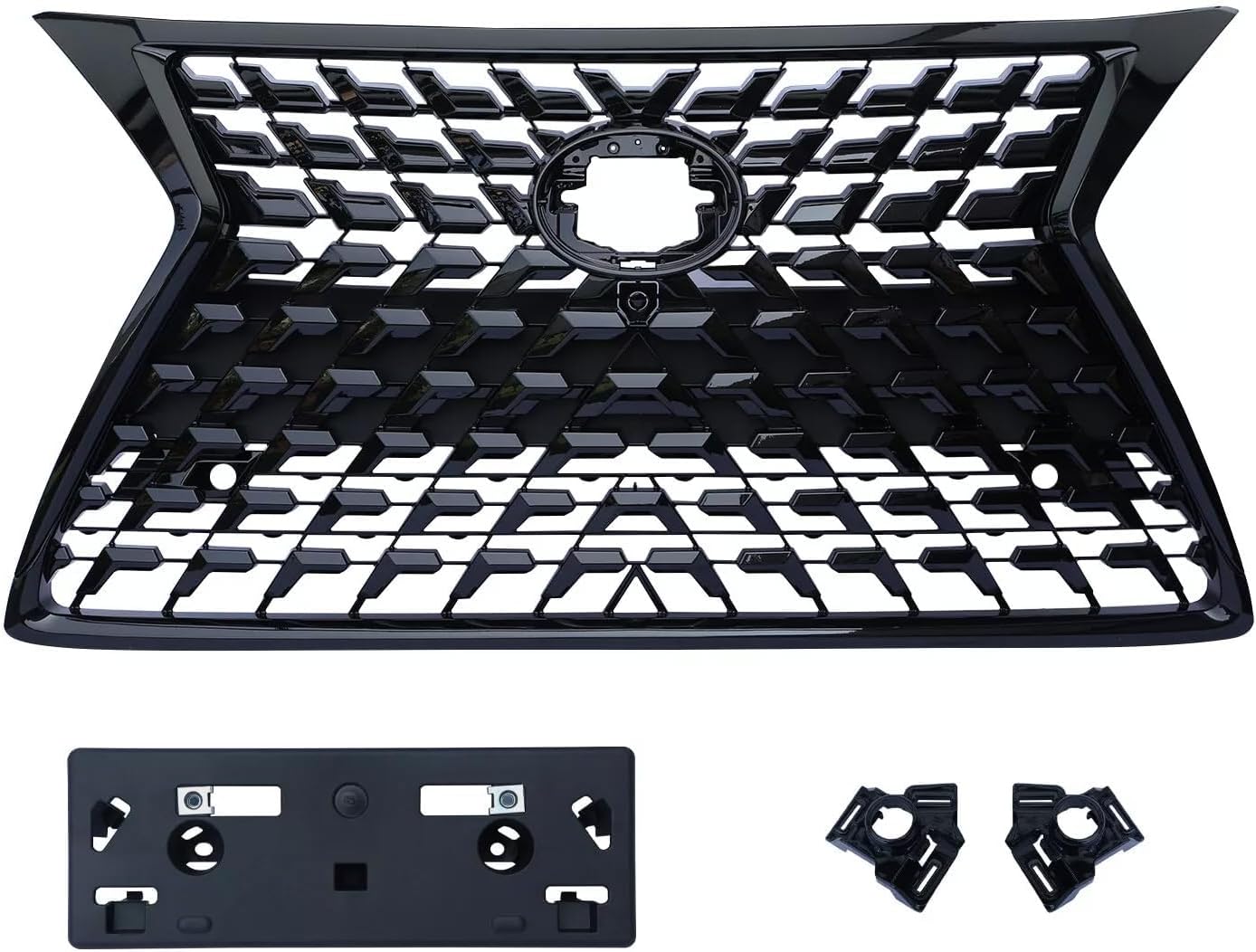 Front Bumper Grille Grill with Black Trim & License Panel Plate Compatible with 2014-2022 GX460 Mesh Bumper Cover Gloss Black ABS Plastic