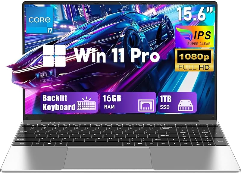 FUNYET Ordinateur Portable, 2026 Nouvel PC Portable 15,6 Pouces, 16 Go de RAM, 1 to de SSD,Laptop Core i7-7600U, IPS FHD 1920 * 1080, 6000 mAh, Clavier rétroéclairé