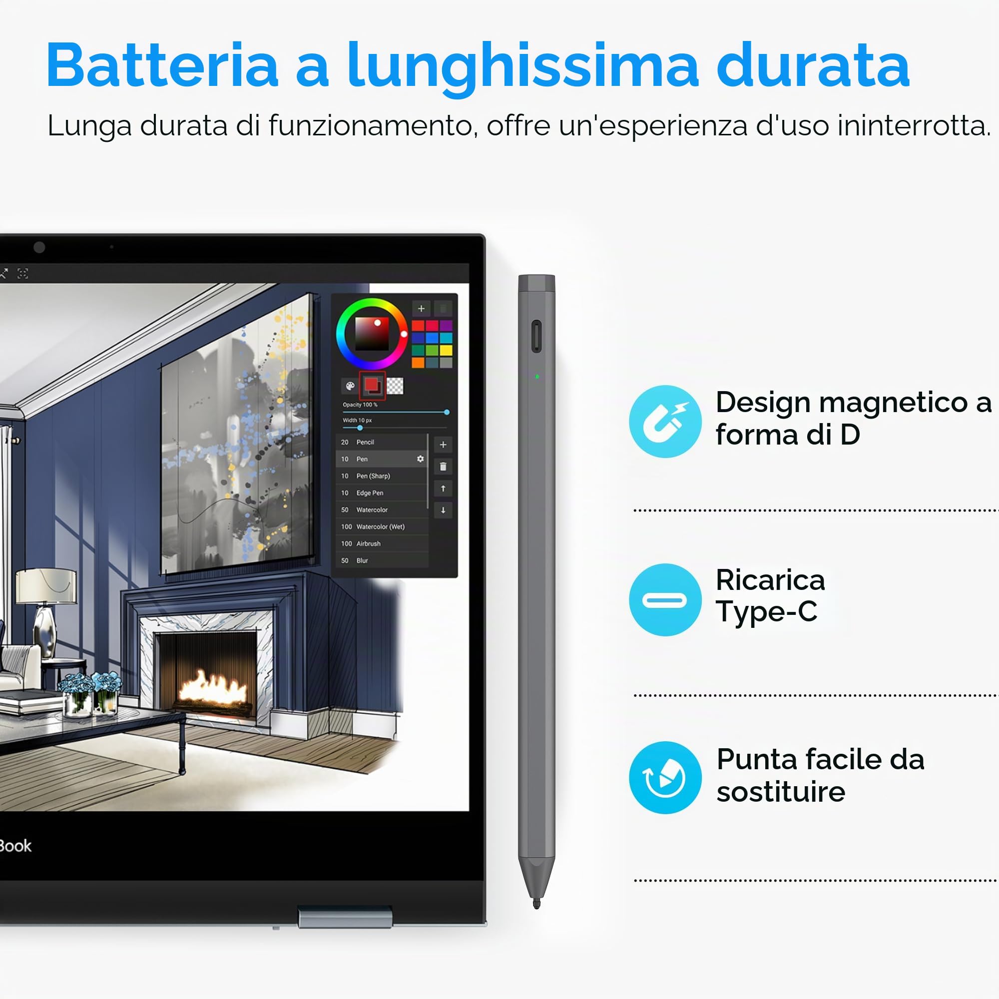USI 2.0 Penna stilo, 4096 livelli di pressione stylus pen per Amazon Fire Max 11 / Fire HD 10 / Google Pixel Tablet/HP/ASUS/Acer/Lenovo alcuni modelli di Chromebook