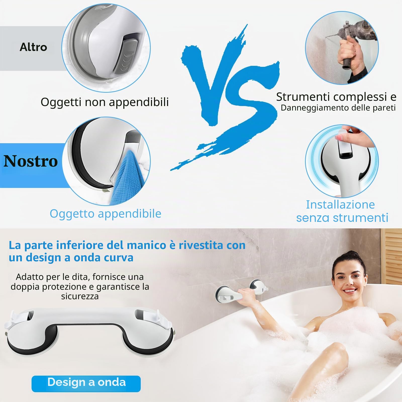 2 Pezzi Maniglia Doccia Anziani, Maniglia Ventosa, Maniglione Bagno Disabili Senza Foratura, Maniglione Doccia Portatile Adatto per Vasca, Bagno, Toilette (Bianco)