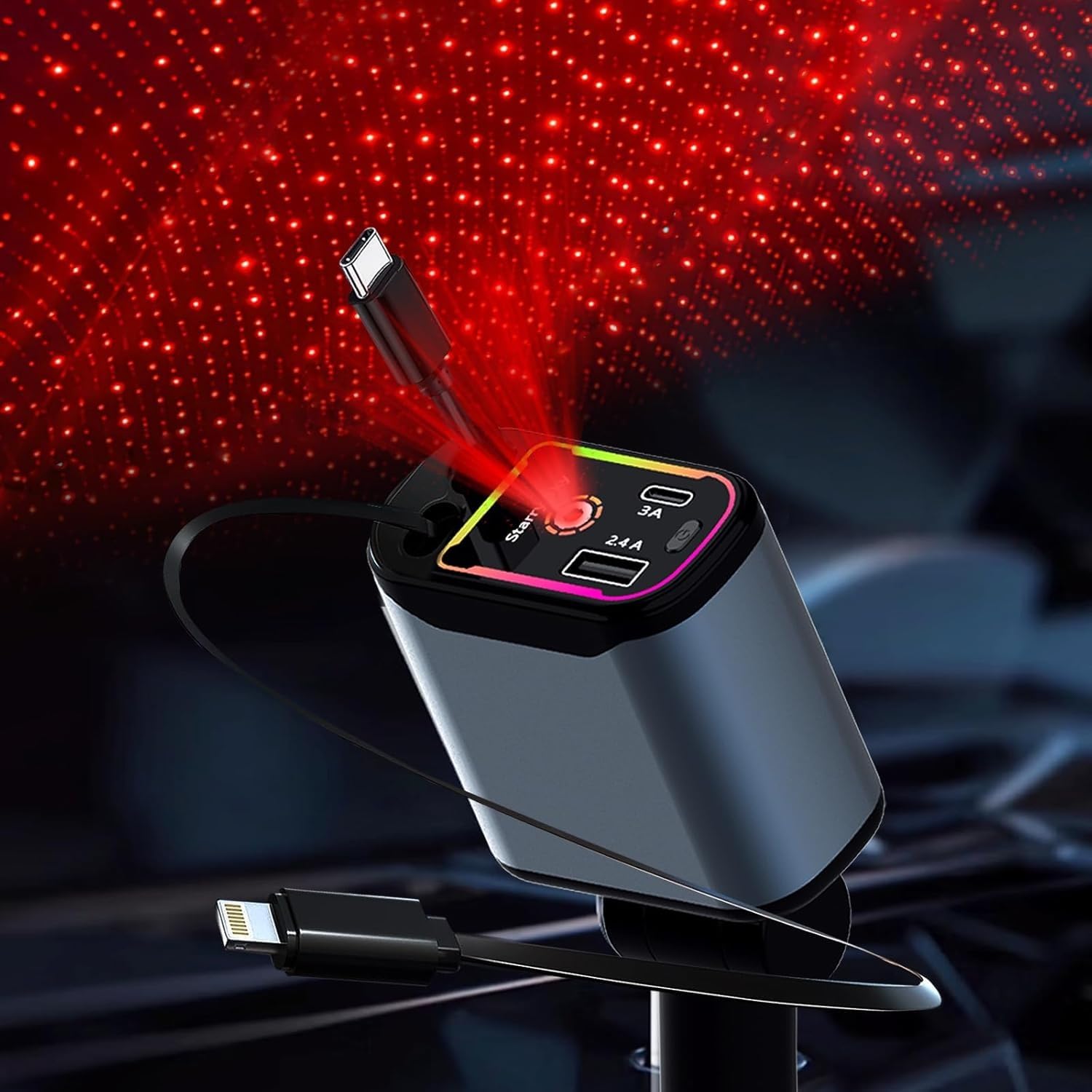 Ambhay™ 120w Retractable Car Charger with Starry LED Light | 4-in-1 + 2 USB for for Android Phones & iPhone 17/16/15/14/13/12/11 Pro Max,Xr,Ipad,Dash Cam & Other Devices-image-34