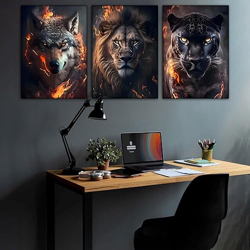 Miniatura 5 de 3 piezas de arte de pared en lienzo de animales con efecto de fuego, león, lobo y jaguar, pintura de animales salvajes, póster, impresiones para