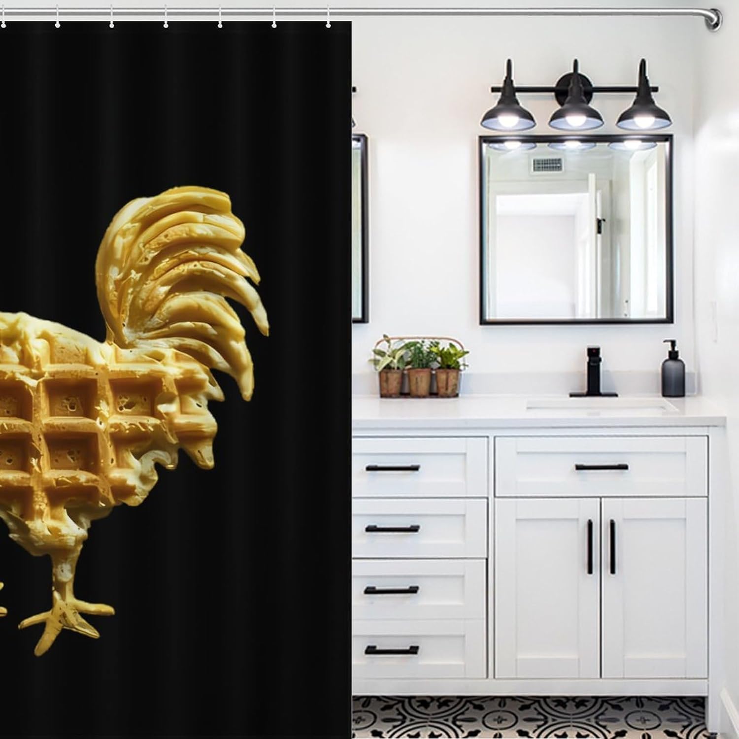 Waffle1 Rooster Funny Shower Curtains Washable Bath Curtain Liner with Hooks for Bathroom Bath Tubs