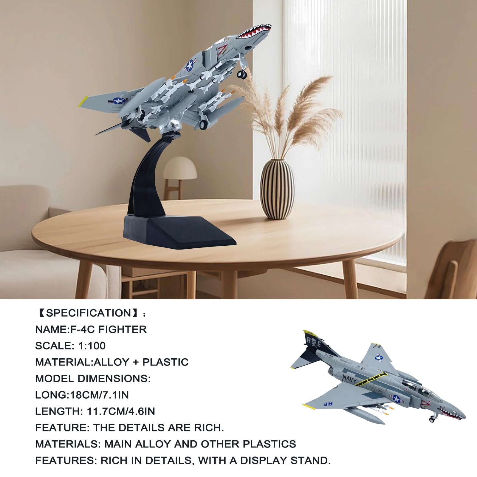 Modello pressofuso 1:100 dell'F-4C Dettagli accurati come quelli museali, peso pesante, supporto incluso Regalo collezionista aerei militari for gli appassionati aviazione, arredamento