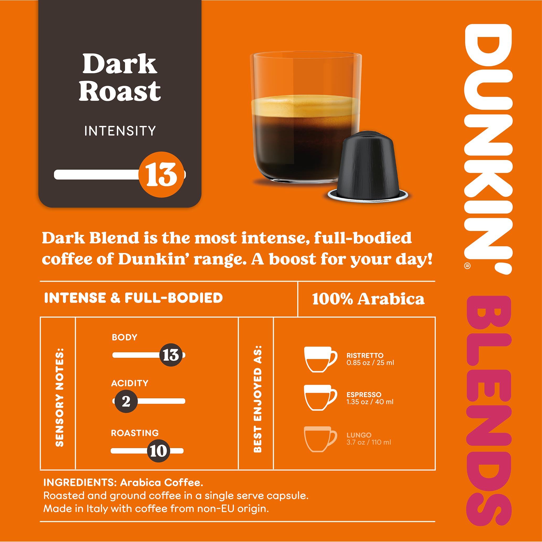 Dunkin’ Donuts Dark Roast – 100 kapsułek kawy kompatybilnych z Nespresso – 100% Arabica – Ciemne, mocne i pełne palenie – Klasyczne espresso do domu